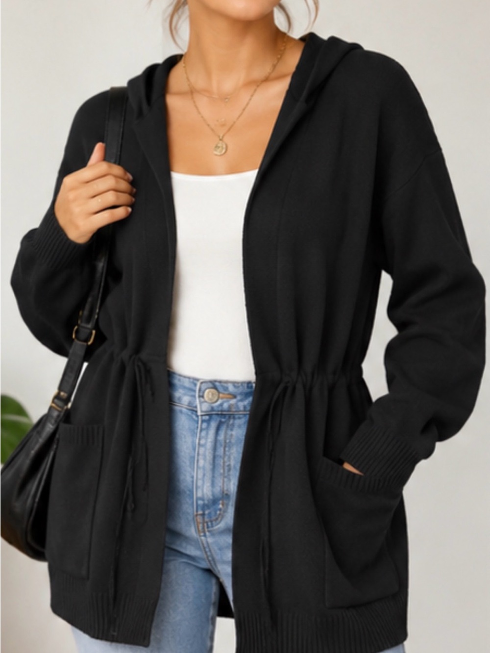 Women's Black Open-Front Jacket with hood Large